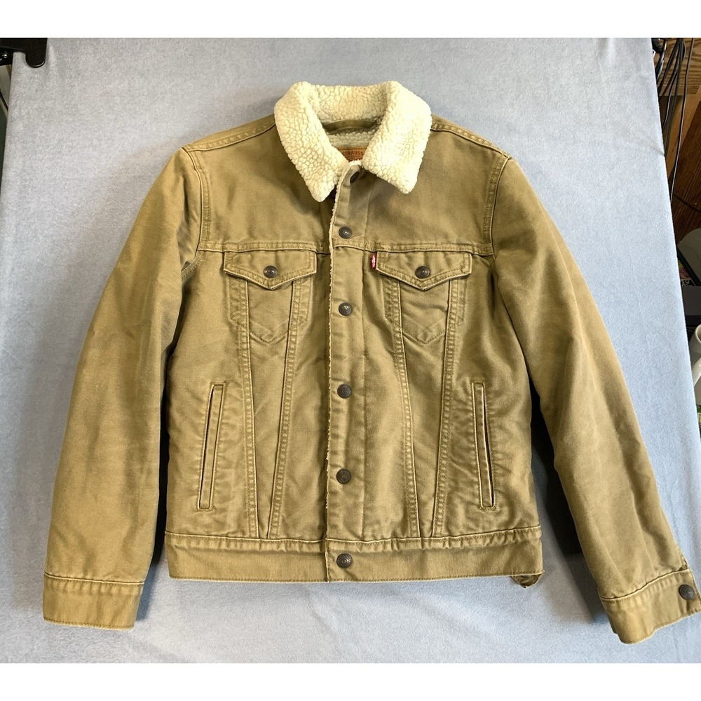 Levi's Denim Trucker Jacket Tan x White Sherpa Fleece Lined Men's Small